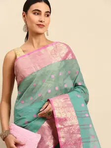 WoodenTant Sea Green & Pink Woven Design Pure Cotton Taant Saree