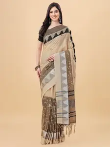 Mitera Beige & Black Floral Zari Pure Linen Saree