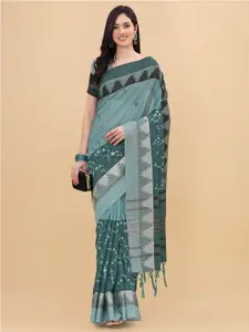 Mitera Blue & Black Floral Pure Linen Saree
