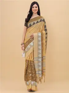 Mitera Mustard & Grey Floral Embroidered Pure Linen Saree