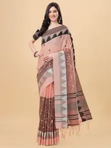 Mitera Peach-Coloured & Black Floral Embroidered Pure Linen Saree