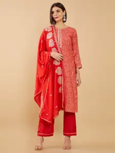 Soch Red & Gold-Toned Embroidered Unstitched Dress Material