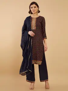 Soch Navy Blue & Red Printed Unstitched Dress Material