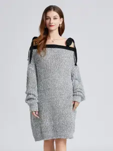 JC Collection JC Collection Women Silver-Toned & Black Ribbed Longline Pullover