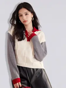 JC Collection Women White & Grey Colourblocked Pullover