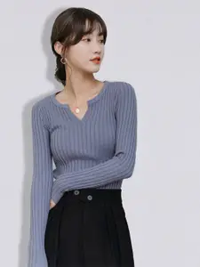 JC Collection Women Blue Ribbed Pullover
