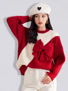 JC Collection Women Red & White Colourblocked Colourblocked Pullover with Bow Detail