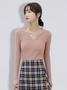 JC Collection Women Pink Ribbed Pullover