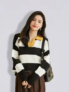 JC Collection Women Black & White Striped Pullover