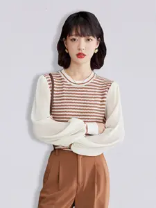 JC Collection Women Brown & White Striped Pullover