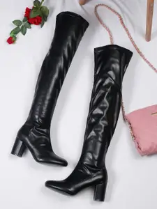 Flat n Heels Women Black Solid High Top Slouchy Boots