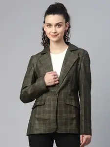PowerSutra Women Green Checked Single-Breasted Blazer