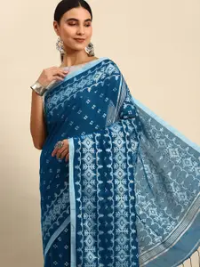 WoodenTant Turquoise Blue Woven Design Pure Cotton Khadi Saree