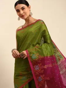 WoodenTant Green & Pink Woven Design Silk Cotton Jamdani Saree
