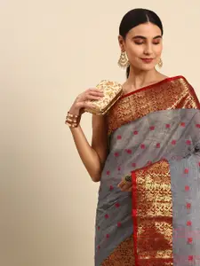 WoodenTant Grey & Red Woven Design Pure Cotton Taant Saree