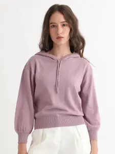 RAREISM Women Pink Solid Hooded Cotton Pullover