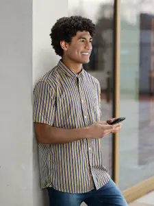 Louis Philippe Jeans Men Brown Multi Striped Slim Fit Pure Cotton Casual Shirt