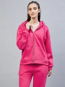 DELAN Women Pink Solid Fleece Hooded Sweatshirt