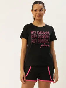 Slumber Jill Women Black & Pink Printed Pure Cotton Shorts Set