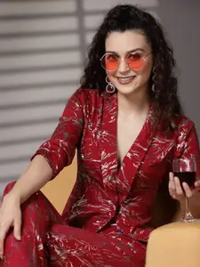 KASSUALLY Women Red Foil Printed Single-Breasted Party Blazer