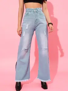 STREET 9 Women Blue Flared High-Rise Mildly Distressed Light Fade Cotton Jeans