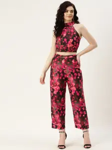 Sleek Italia Women Black & Red Floral Printed Top With Trousers