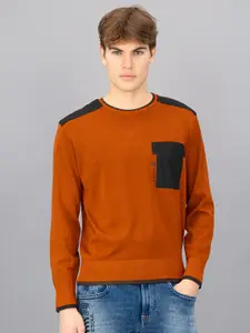 FREESOUL Men Orange & Black Colourblocked Pullover