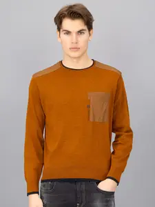 FREESOUL Men Orange & Black Wool  Colourblocked Pullover