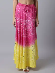SOUNDARYA Women Pink & Yellow Hand Tie-Dye Bandhani Printed Cotton Maxi A-Line Skirts