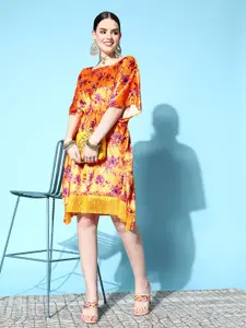 Shae by SASSAFRAS Orange & Lavender Floral Print Velvet Ethnic Kaftan Dress