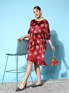 Shae by SASSAFRAS Maroon & Olive Green Floral Print Velvet Ethnic Kaftan Dress