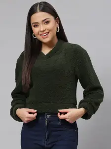 Popnetic Women Green Solid Faux Fur Sweatshirt