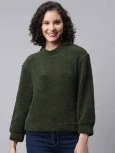 Popnetic Women Green Faux Fur Sweatshirt