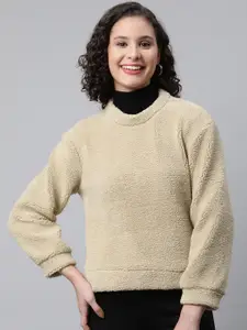 Popnetic Women Beige Faux Fur Sweatshirt