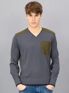 FREESOUL Men Grey & Green Colourblocked Pullover