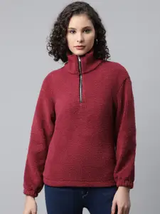 Popnetic Women Maroon Faux Fur Sweatshirt