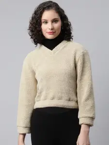 Popnetic Women Beige Faux Fur Sweatshirt