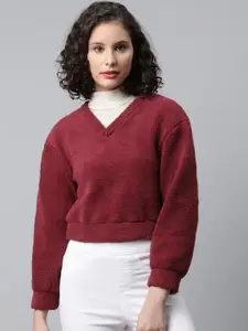 Popnetic Women Maroon Faux Fur Sweatshirt
