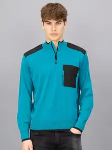 FREESOUL Men Turquoise Blue & Black Solid Pullover