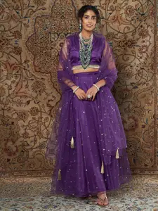 Shae by SASSAFRAS Purple & Gold-Toned Sequinned Ready to Wear Lehenga & Blouse With Dupatta