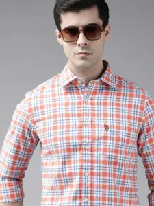 U.S. Polo Assn. Men Orange Tailored Fit Tartan Checks Opaque Pure Cotton Casual Shirt