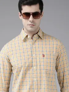 U.S. Polo Assn. Men Yellow Tailored Fit Checked Pure Cotton Casual Shirt