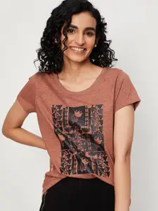 max Women Rust Printed Round Neck Cotton T-shirt
