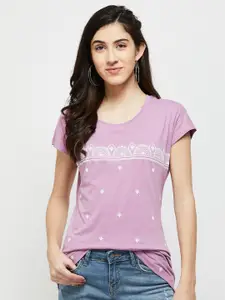 max Women Purple Printed Round Neck Cotton T-shirt