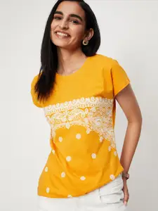 max Women Yellow Printed Round Neck Cotton T-shirt