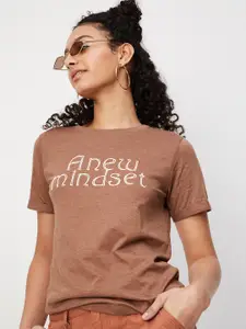 max Women Brown Typography Printed Round Neck Cotton T-shirt