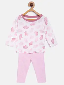 MINI KLUB Girls Pink & White Printed Pure Cotton T-shirt with Pyjamas