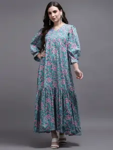 KALINI Blue & Pink Printed Floral Ethnic Maxi Dress