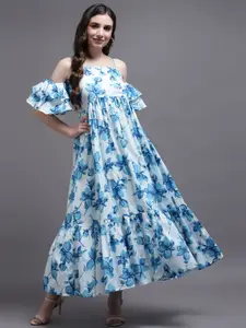 KALINI Women Blue & White Floral Off-Shoulder Maxi Dress
