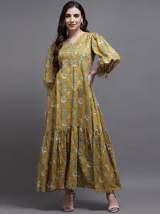 KALINI Women Mustard Yellow Floral V-Neck Maxi Dress